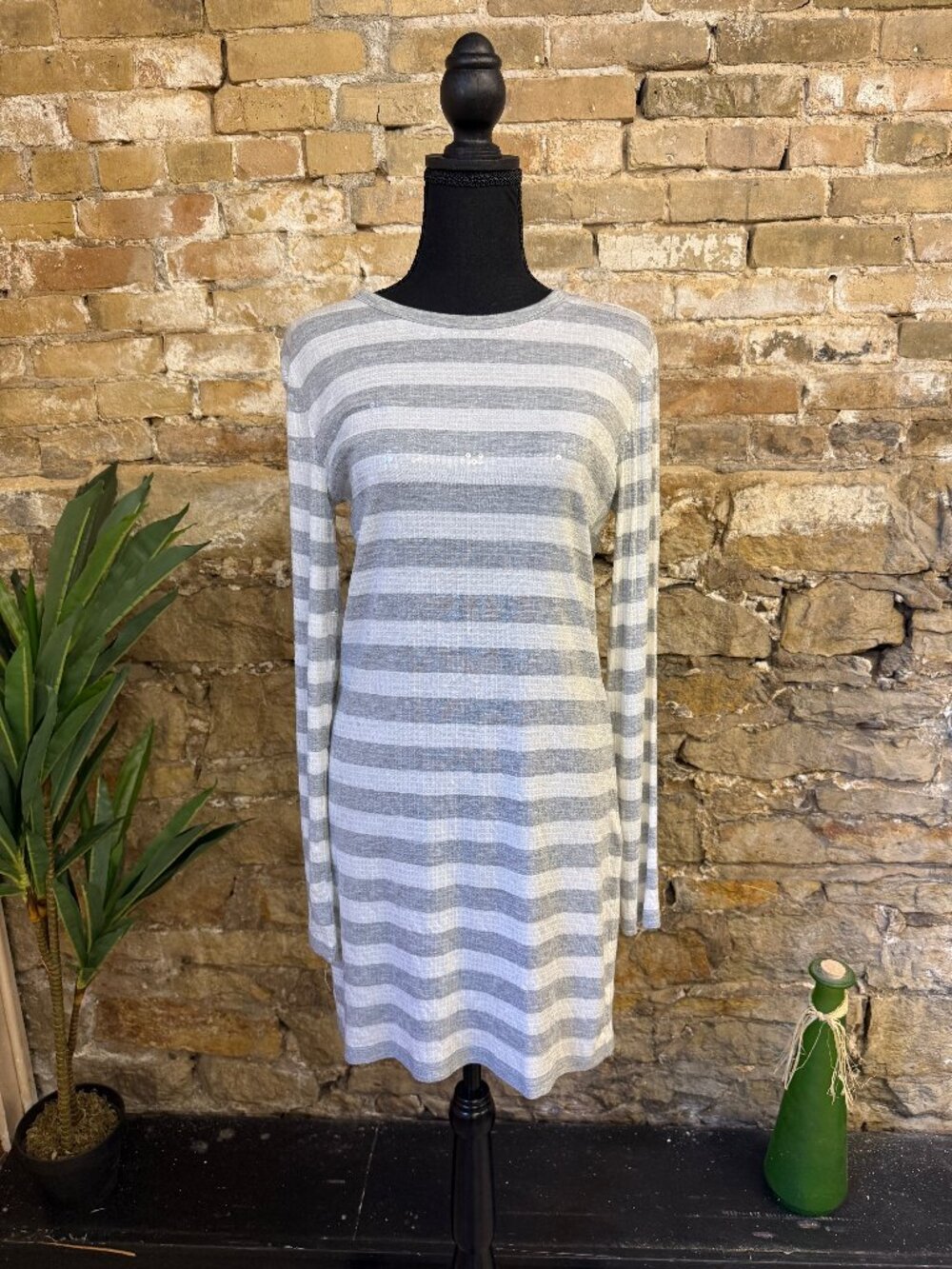 Michael Kors Gray & White Striped Sequin Dress Size Medium